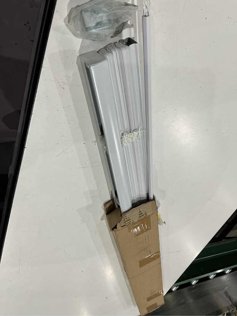 Condition photo showing As Is for lotus & windoware cordless mini blind, 1" vinyl slats, 27" wide x 72" long - white, window blinds for home and office, interior door blinds - light filtering 27"w x 72"h white