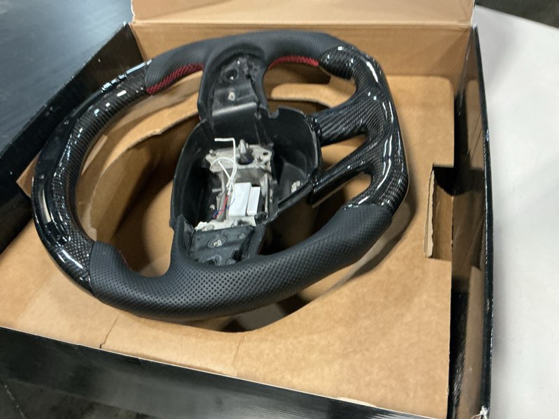 Condition photo showing As Is for real carbon fiber steering wheel with led shift indicator for dodge charger, for challenger, and for durango (2015-2024), genuine 3k carbon, white leather grip with dual white stripes, d-shape led carbon fiber | wht perf leather | wht stripe
