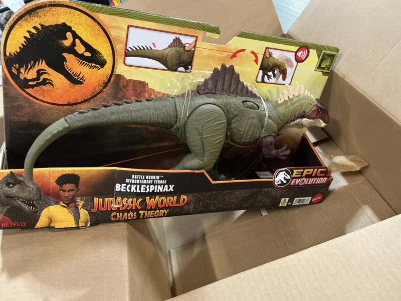 Condition photo showing Good Condition for Mattel Jurassic World Chaos Theory Battle Roarin’ Becklespinax Dinosaur Action Figure Toy, Rampage Head Strike, Chomp, Roars & Snarls, Extending Spikes (Amazon Exclusive)