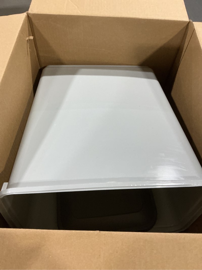 Condition photo showing As Is for iris usa dog food storage container with wheels, airtight lid, 2-cup scoop, up to 40 pounds pet food storage, built in scoop storage in lid, versatile pet food bin, portable, bpa free, gray/dark gray 40 lbs gray/dark gray