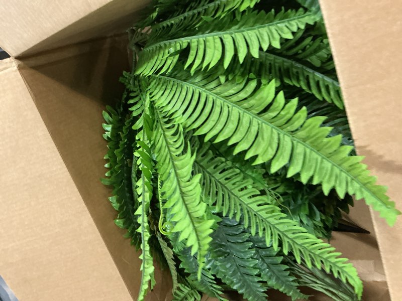 Condition photo showing Good Condition for 2pcs 45in fake ferns- large artificial plants outdoor, uv resistant artificial ferns for outdoors, 60 branches faux boston fern realistic weatherproof fake plants for porch home patio hanging decor 2 pcs