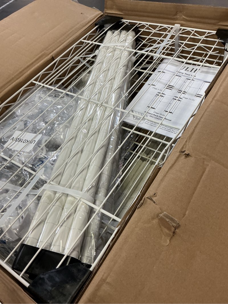 Condition photo showing Good Condition for ulif e1 heavy duty closet garment rack, 6 tiers adjustable metal freestanding expandable clothing storage with 4 hanger rods, easy to assemble wardrobe, 71.4" h x (70" - 88.2") l x 14" d, white