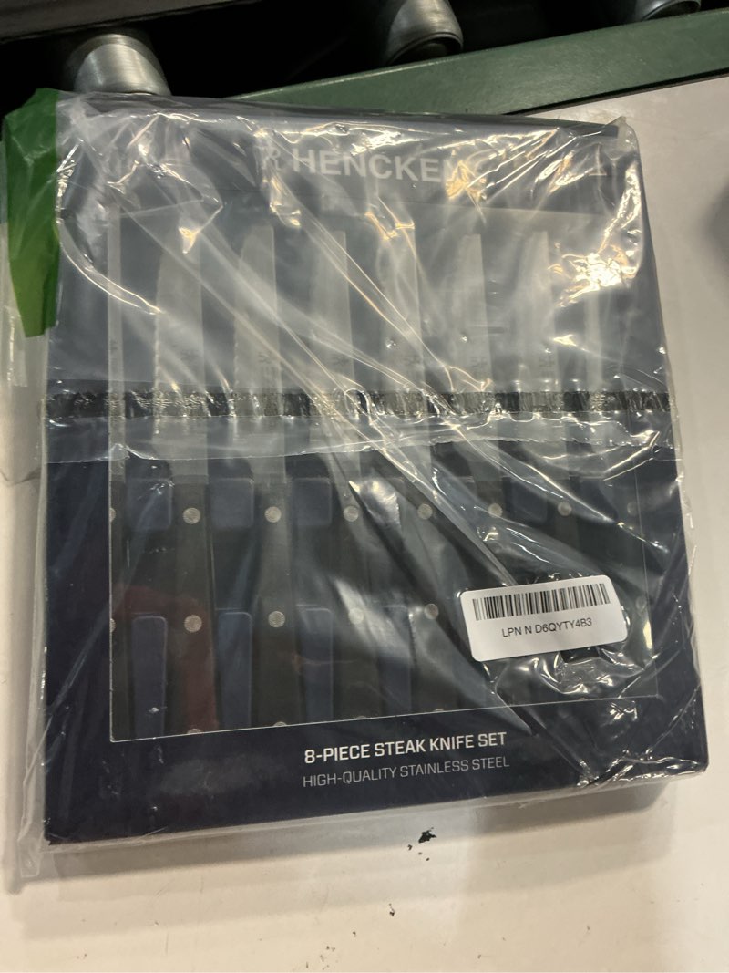 Condition photo showing New/Like New for henckels razor-sharp steak knives set of 8, german engineered | informed by 100+ years of mastery. dishwasher safe. stays sharp with micro serrated edges. 8-pc black