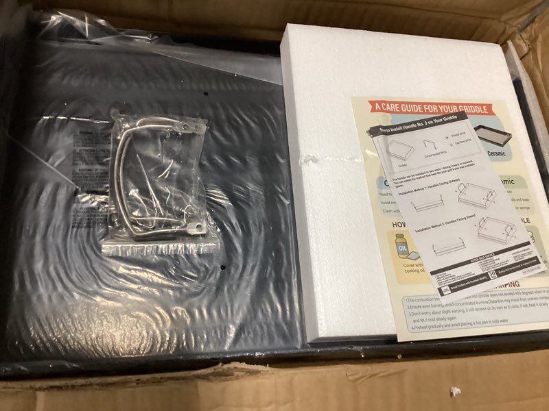 Condition photo showing Good Condition for updated 25" x 16" cast iron griddle for gas grill, nonstick nanoceramic stove top griddle for gas stove, pre-seasoned flat top plate insert for outdoor gas grill, camping, tailgating, parties 25" x 16" x 2.6"