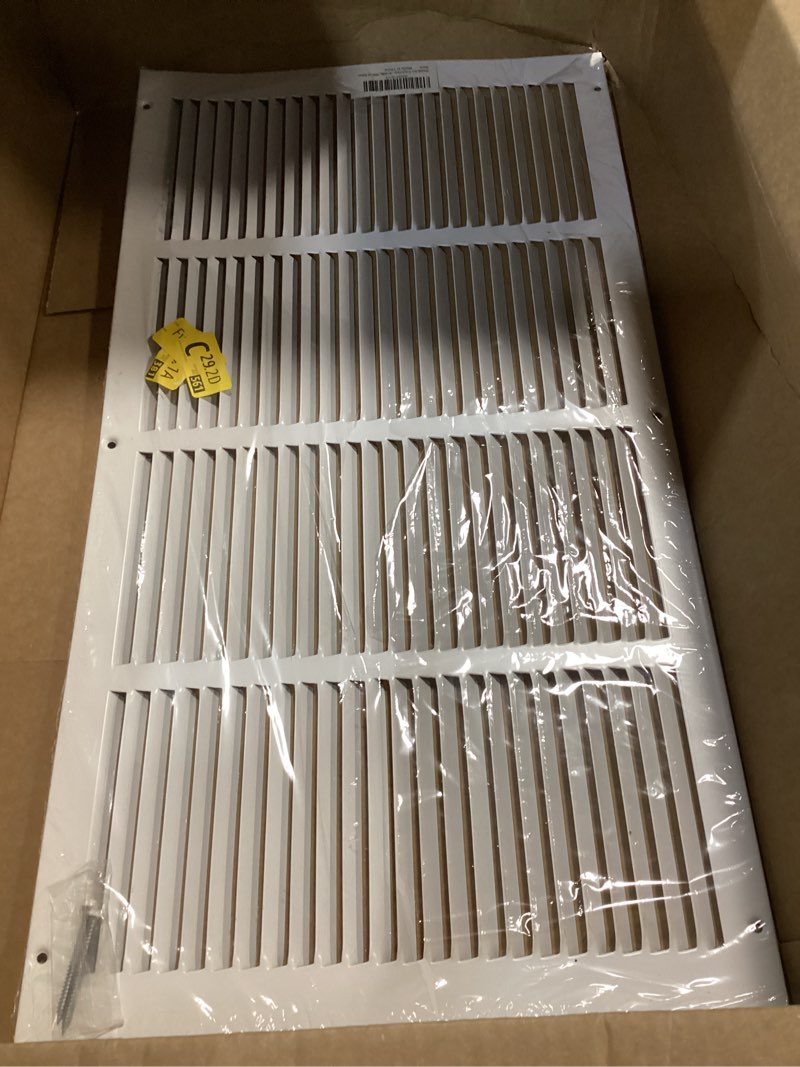 Condition photo showing Good Condition for 24 x 12 Inch (Duct Opening) Return Air Vent Cover, Louvered Steel HVAC Grille for Wall and Ceiling, White Powder-Coated Rust-Resistant Finish, Decorative Design, Easy to Install 24"W x 12"H (Duct Opening)