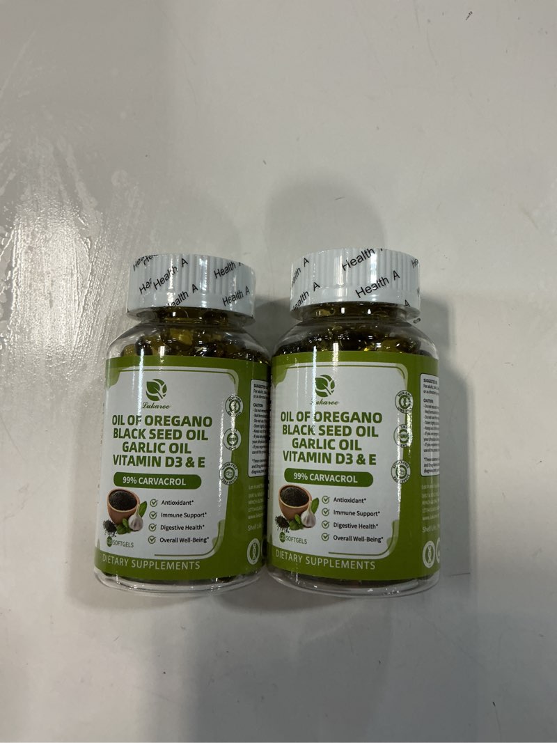 Condition photo showing New/Like New for (bb 01/2028)(2 pack)oregano oil softgels  oil of oregano with black seed oil  garlic oil  vitamin d3 e for immune digestive support  bone health