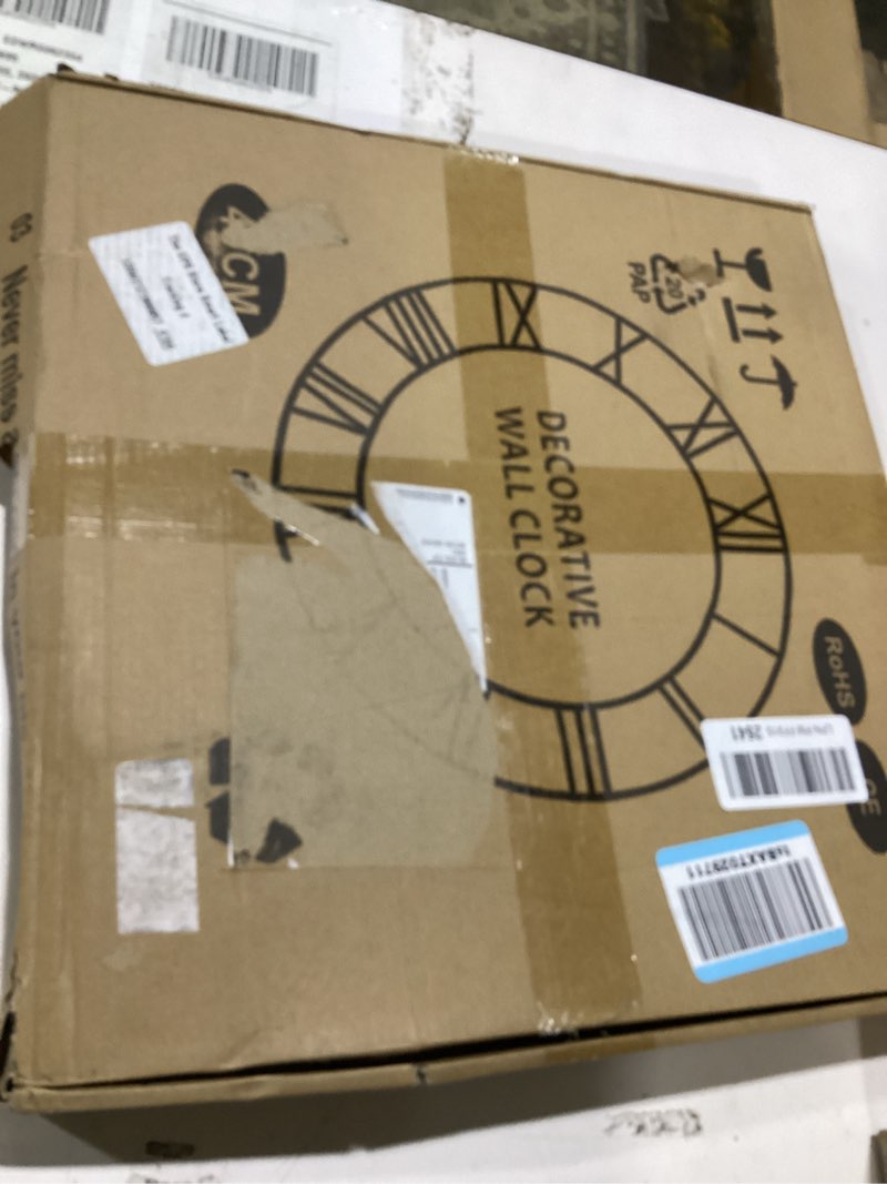 Condition photo showing As Is for leike large wall clocks,silent,non ticking,battery operated rustic round modern big metal wall clock for living room, bedroom,kitchen,farmhouse,office,home decor-16 inch(black-arabic number) 16 in black metal-arabic number