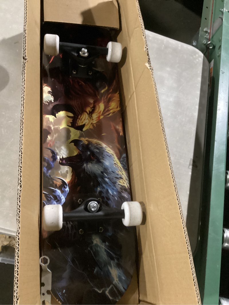 Condition photo showing As Is for nattork 31 inch complete skateboard, standard skateboards gift for beginners, wood 9 layer canadian maple trick skate boards for boys girls youth teens lion
