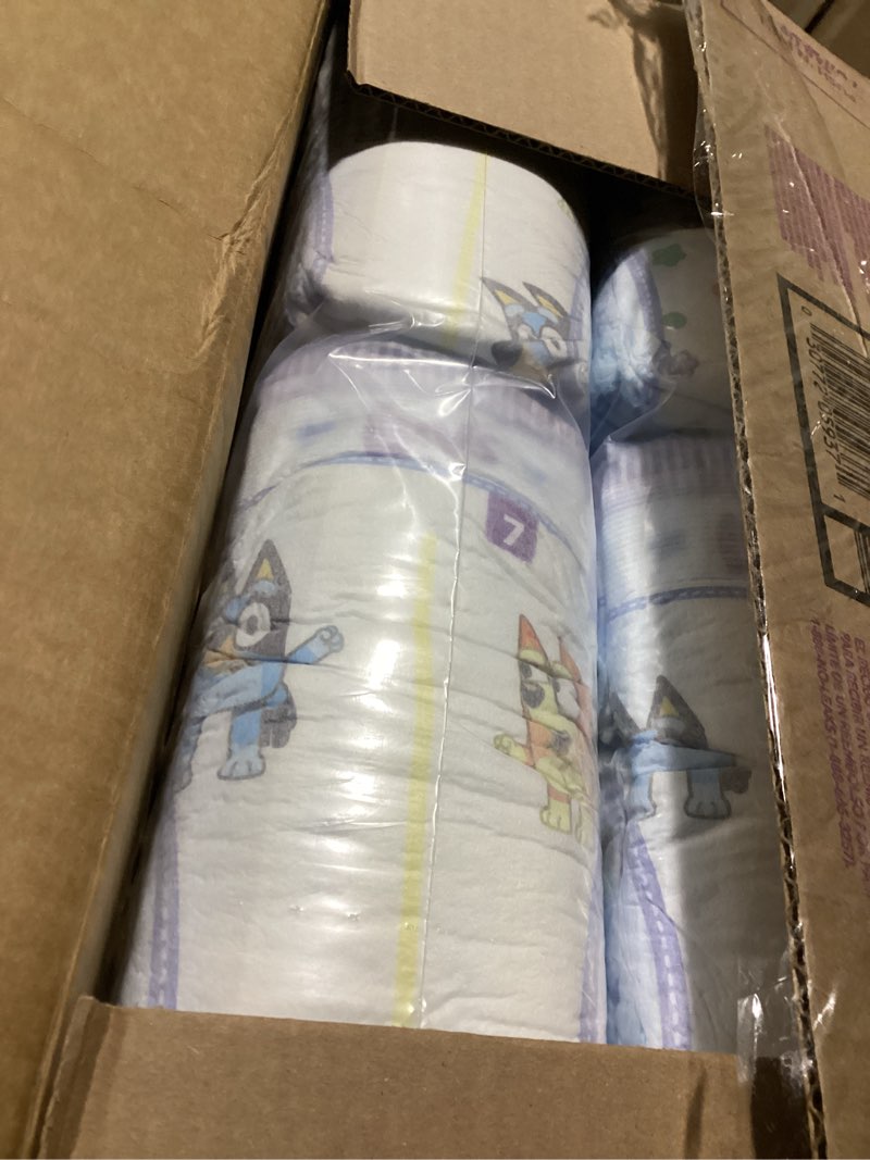 Condition photo showing Good Condition for luvs size 7 baby diapers, platinum protection bluey diapers for day & night, size 7, 124 count (packaging may vary) size 7 124