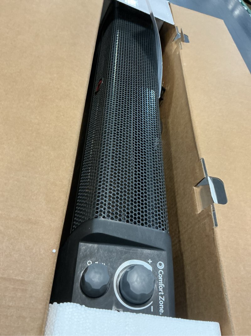 Condition photo showing As Is for Comfort Zone Electric Baseboard Space Heater with Adjustable Thermostat  Dent-Proof Panels  Overheat Protection  Tip-Over Switch  & Stay-Cool Body  Ideal for Home  Bedroom  & Office  1 500W  CZ600BK