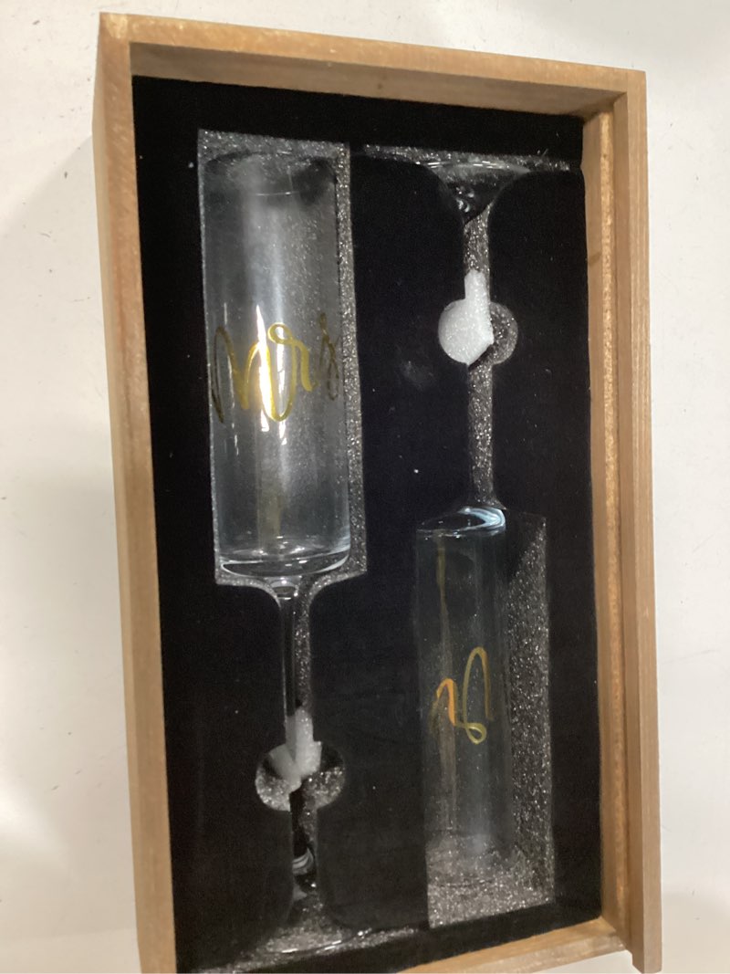 Condition photo showing New/Like New for aw bridal mr and mrs champagne flutes set of 2, engagement gift for couples and newlyweds, bridal shower gifts for bride to be, wedding anniversary toasting glasses set with wooden box mr & mrs?brown? set of 2?wooden box?