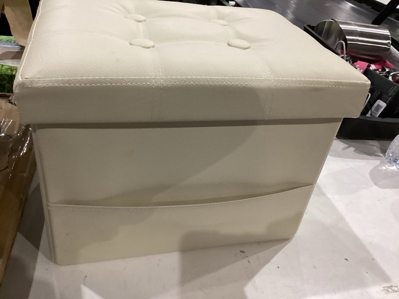 Condition photo showing Good Condition for bsketa storage ottoman foot rest stool, small leather storage ottomans bench, folding footstool with side pockets, foot rest under desk for living room bedroom, 16x12x12 in, beige beige-with side pockets.
