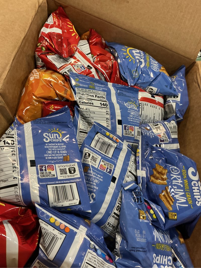 Condition photo showing Good Condition for (Used by Sep / 9 / 2025 ) SunChips 100% Whole Grain Chips, Variety Pack, 1 oz Bags, Pack of 40, No Artificial Flavors, Colors Variety Pack 40 Count (Pack of 1)