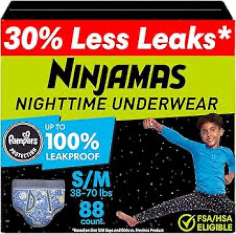 Ninjamas Boys Bedwetting Nighttime Underwear, Size S/M (38-70 lbs), 88 Count, Overnight Protection, 