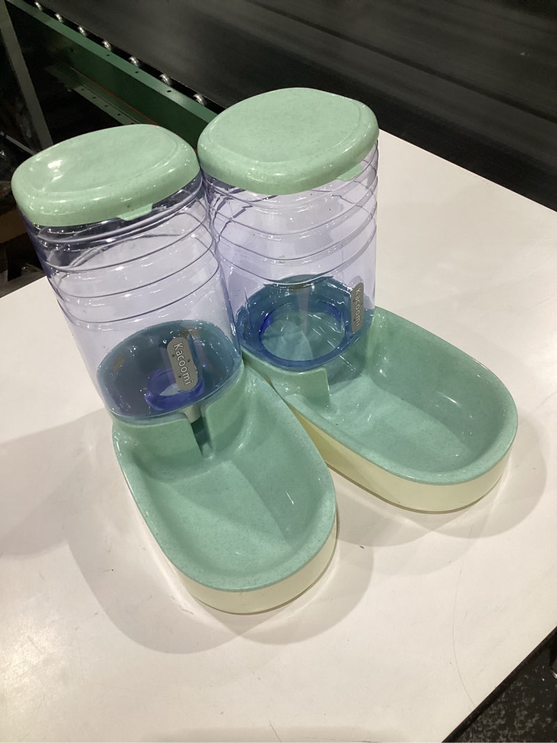 Condition photo showing As Is for (USED) Automatic Dog Cat Feeder and Water Dispenser Gravity Food Feeder and Waterer Set with Pet Food Bowl for Small Medium Dog Puppy Kitten, Large Capacity 1 Gallon x 2 Green