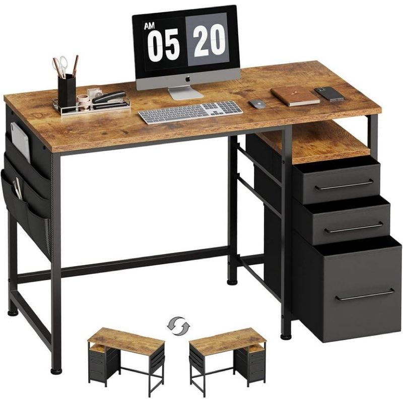 Small Desk with Drawers, 40 inch Computer Desk with Shelves, Writing Desk with Storage, Small Office Desk with Metal Frame, Rustic Brown