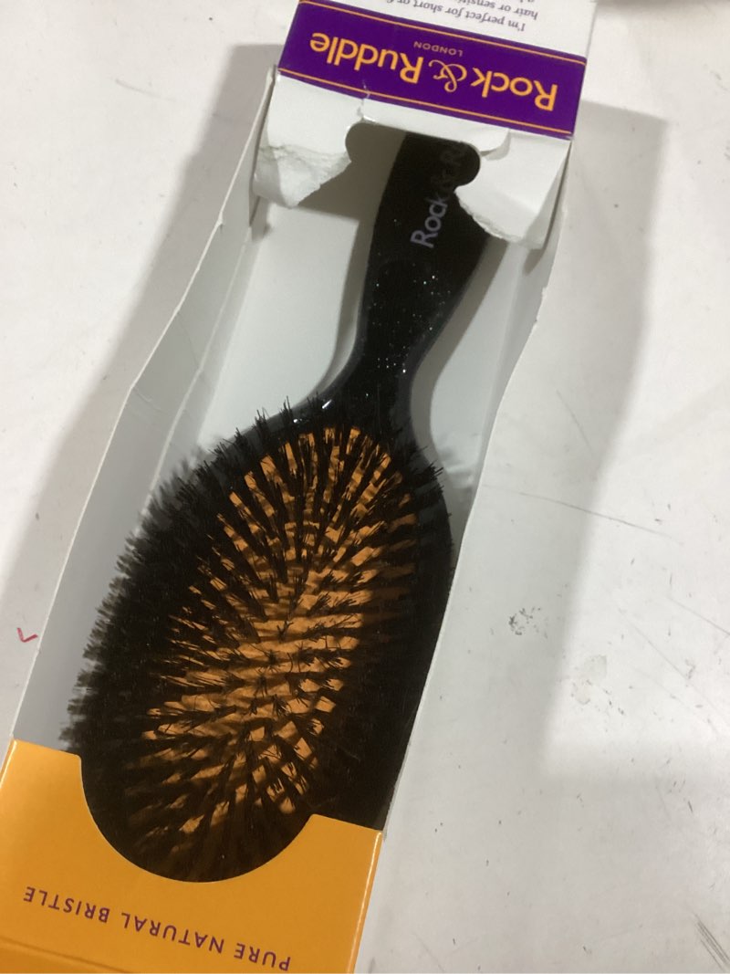 Condition photo showing Good Condition for Rock & Ruddle Natural Pure Boar Bristle Hair Brush for Women & Kids (Large, 21cm) - Perfect for Wet or Dry Hair, Detangling Smoothing Blowdrying - Made in UK - Stardust Black Shimmer