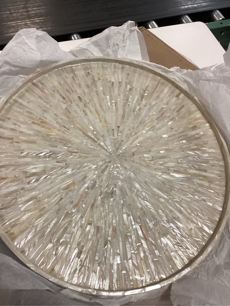 Condition photo showing Good Condition for PEMAR 22" Round Mother of Pearl Extra Large Ottoman Tray with Raised Edge, Oversized Decorative Luxury Wooden Serving Tray for Food, Coffee Table, Breakfast in Bed (White Cream Sunlight) White Cream Starburst Sunlight
