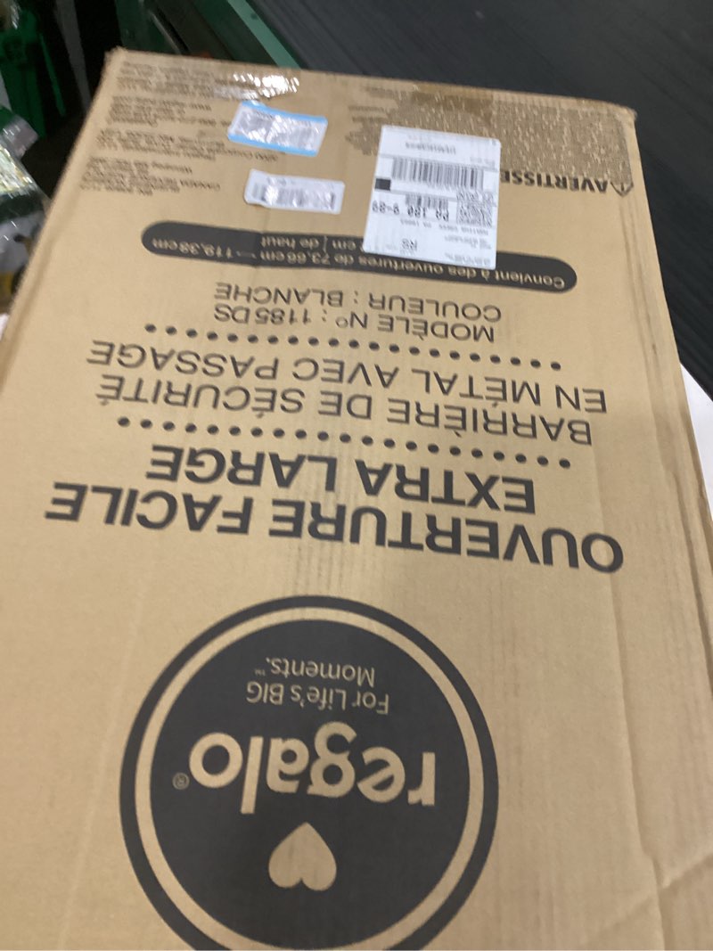 Condition photo showing New/Like New for regalo safety 29-47" easy open extra wide baby gate for doorways, hallways & bottom of stairs, pressured mounted safety gate for babies, toddlers & pets, tested & safe, american designed and owned metal gate