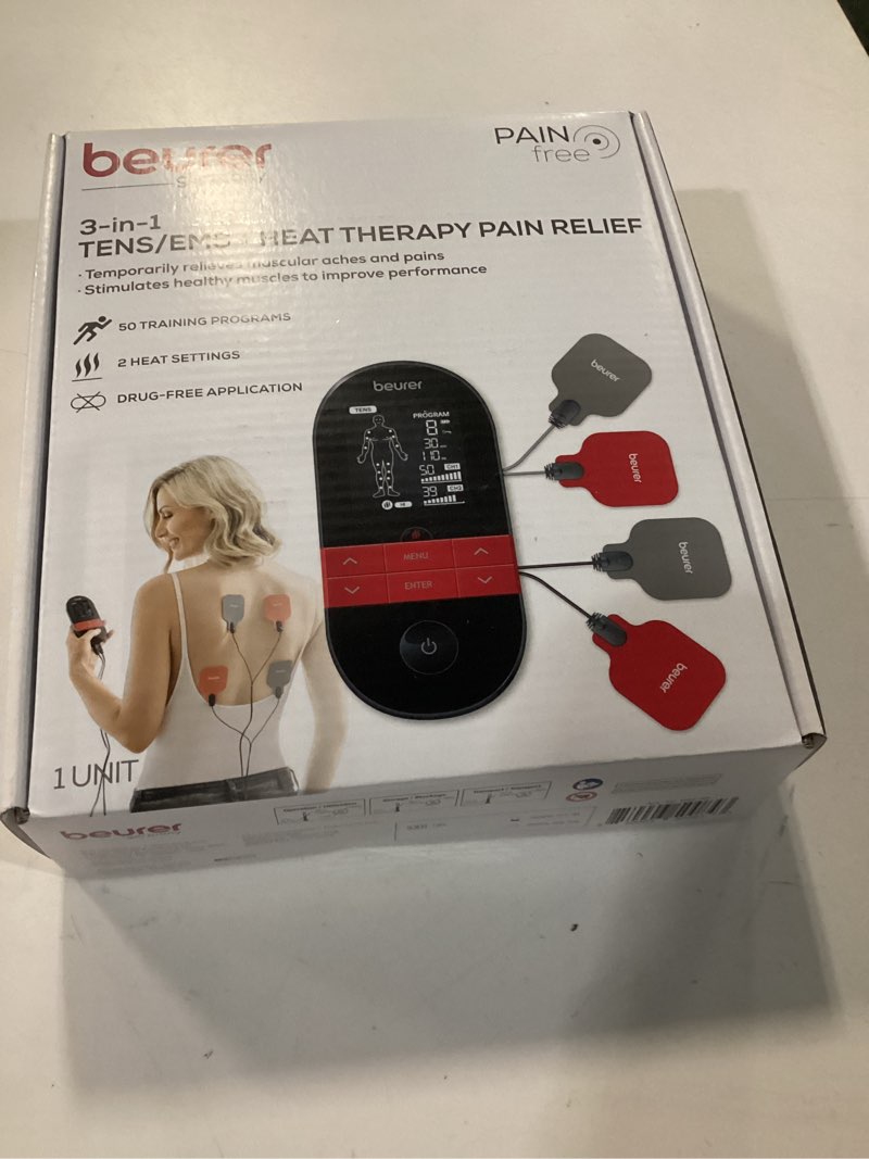 Condition photo showing New/Like New for new beurer em59 tens/ems device with heat, 4-in-1 tens unit, ems muscle stimulator, ems massage, and heating pad therapy, 70 programs, 50 intensity levels, tens unit muscle stimulator with usb charge