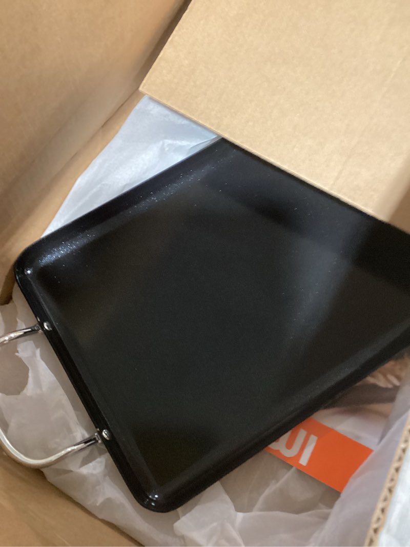 Condition photo showing As Is for IMUSA Ceramic Nonstick, Stovetop Double Burner Griddle with Metal Handles, 17-Inch, Black 21.1" x 2.8" x 10.6" Ceramic