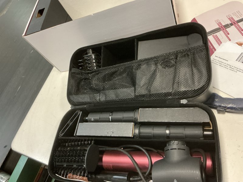 Condition photo showing As Is for shark flexstyle air styling & drying system, powerful hair dryer brush & multi-styler with auto-wrap curlers, diffuser, paddle brush, round brush, concentrator attachment, black cherry, hd457cr black cherry limited edition