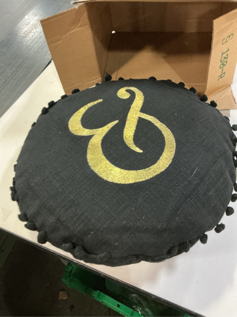 Condition photo showing As Is for Creative Co-Op 16" Round Embroidered Pillow with Pom Pom Trim "&" Design in Gold Script