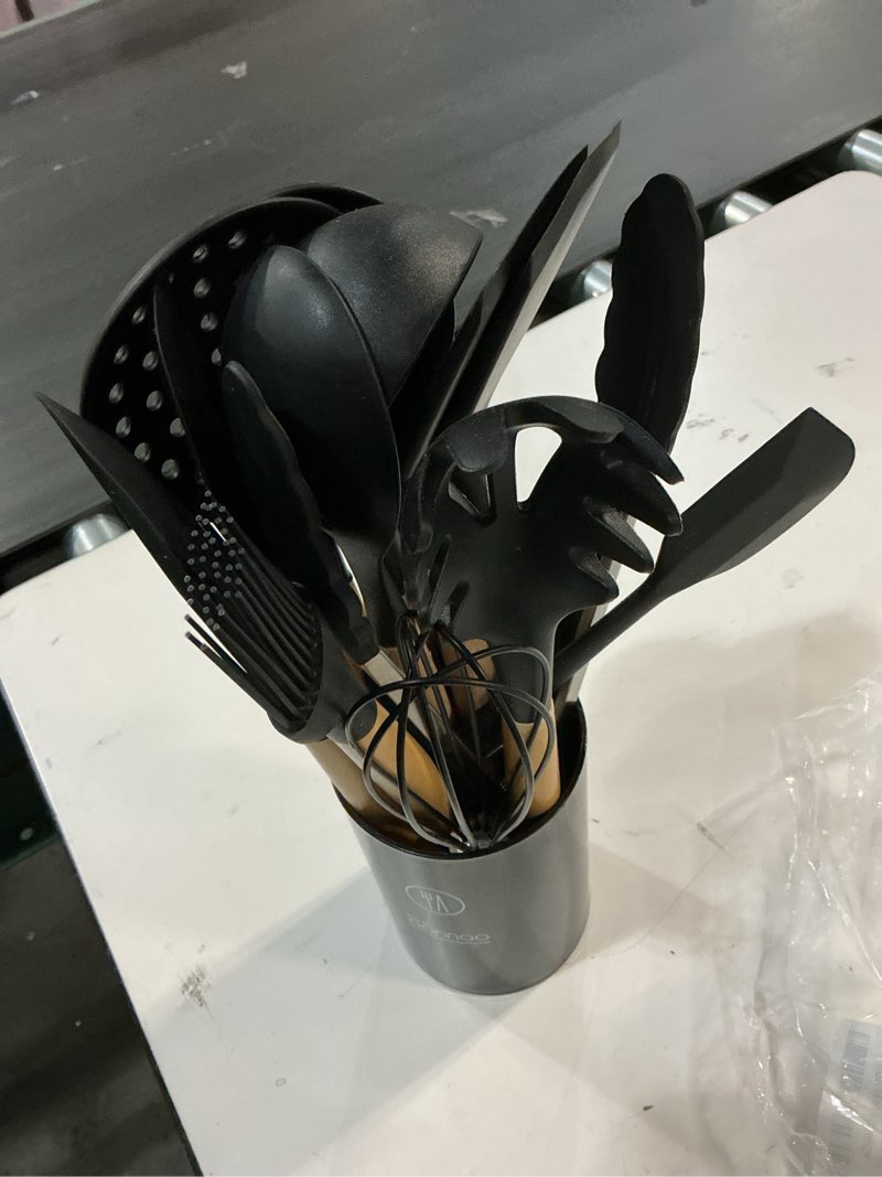 Condition photo showing Good Condition for 14 Pcs Silicone Cooking Utensils Kitchen Utensil Set - 446°F Heat Resistant,Turner Tongs, Spatula, Spoon, Brush, Whisk, Wooden Handle Gray Kitchen Gadgets with Holder for Nonstick Cookware (BPA Free)