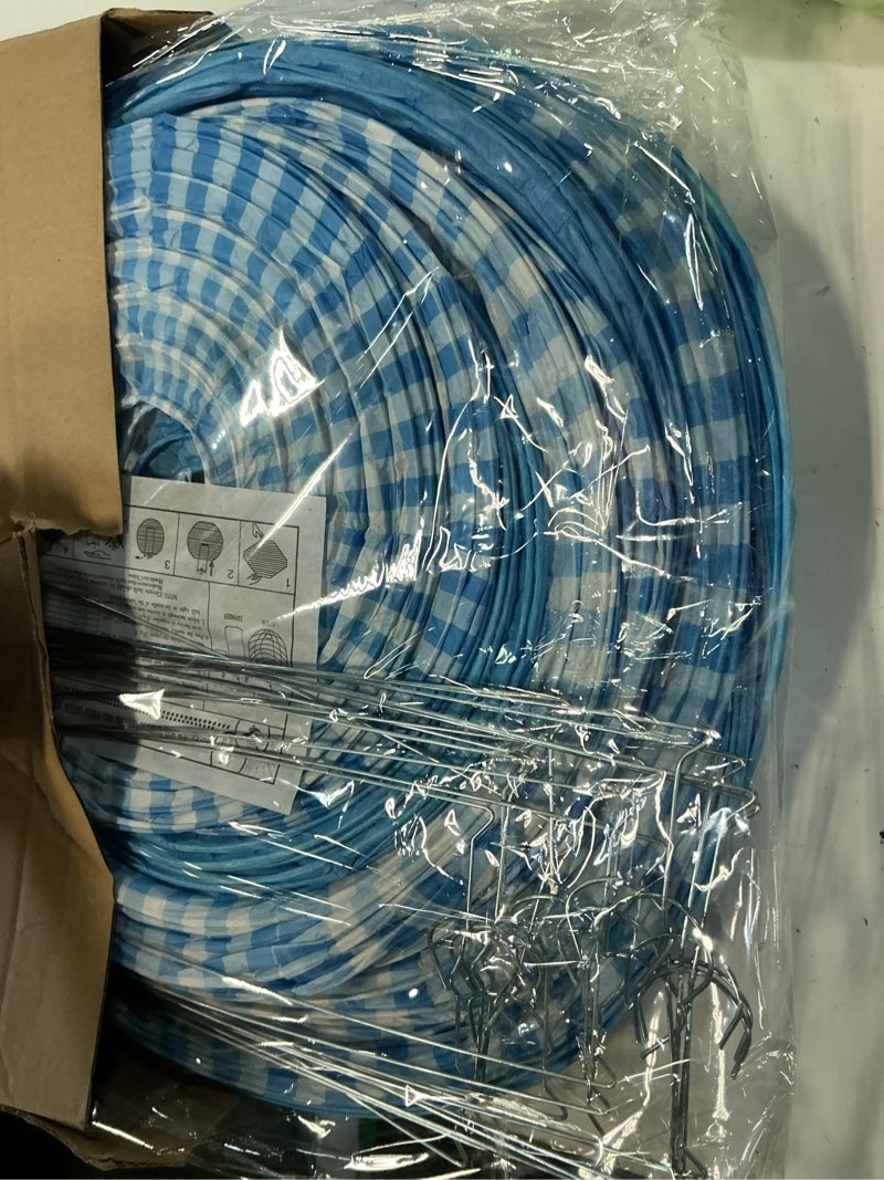 Condition photo showing Good Condition for 12 pcs blue gingham paper lanterns folding hanging chinese or japanese round paper lanterns for boy baby shower, birthday, wedding, picnic, bbq & mamma mia party decor blue and white