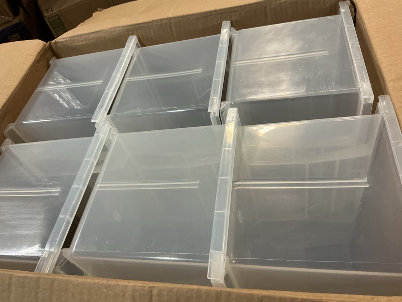 Condition photo showing Good Condition for akro-mils 30240 akrobins plastic storage bins, space-saving stackable bins for garage, pantry, craft organization, 15-inch x 8-inch x 7-inch, clear, 12-pack clear containers