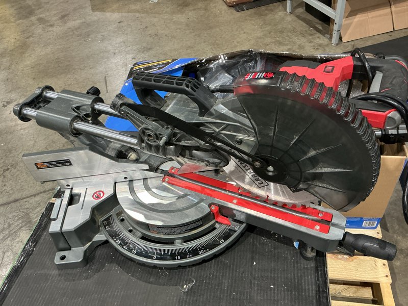 Condition photo showing As Is for not exact but similar to craftsman v20 cordless sliding miter saw, 7-1/4 inch, single bevel, battery and charger included (cmcs714m1) miter saw kit