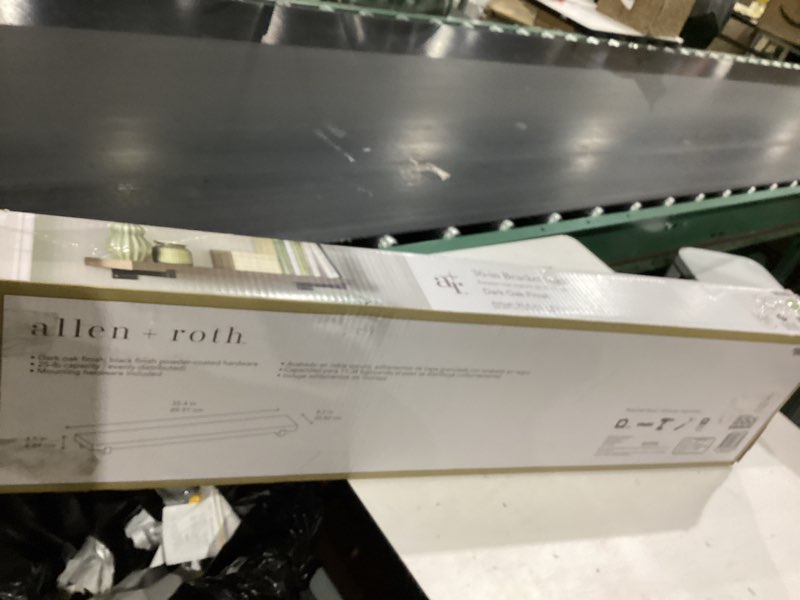 Condition photo showing As Is for allen + roth 37-in l x 9-in d x 3.7-in h dark oak rectangular floating shelf