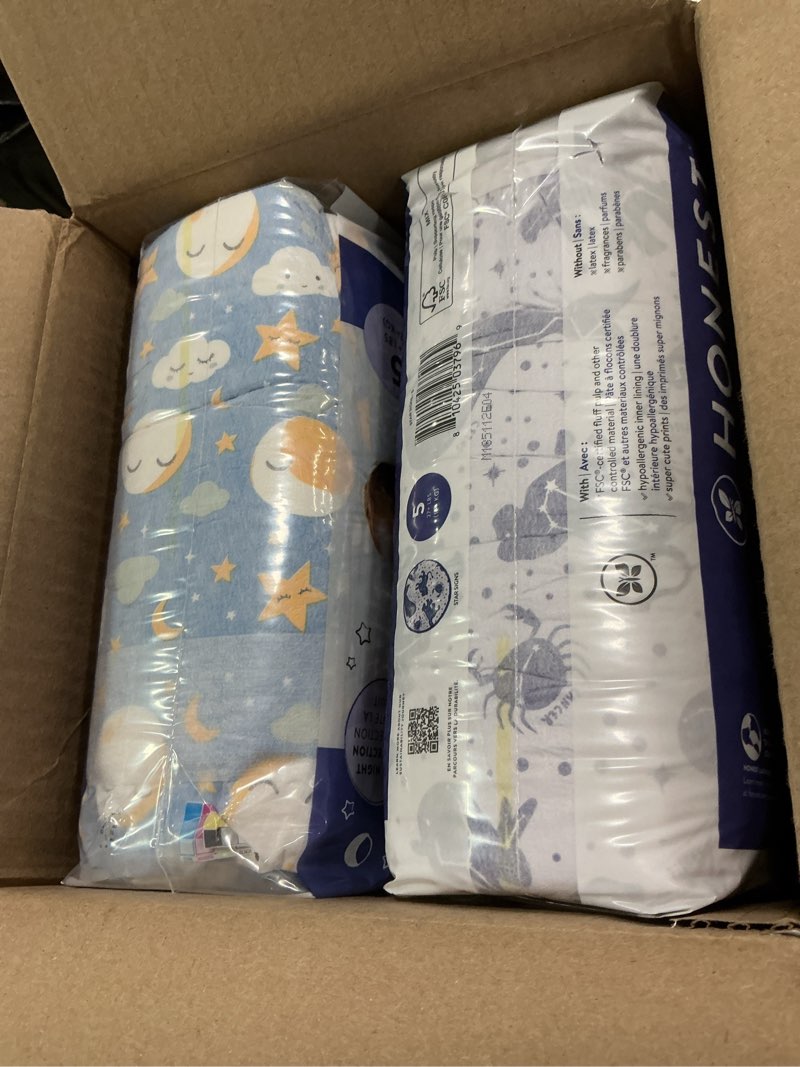 Condition photo showing New/Like New for The Honest Company Clean Conscious Overnight Diapers for Sensitive Skin, Hypoallergenic Fragrance-Free Baby Diapers, Cozy Cloud and Star Signs Design, Club Box, Size 5 (27+ lbs), 40 Count Size 5 40