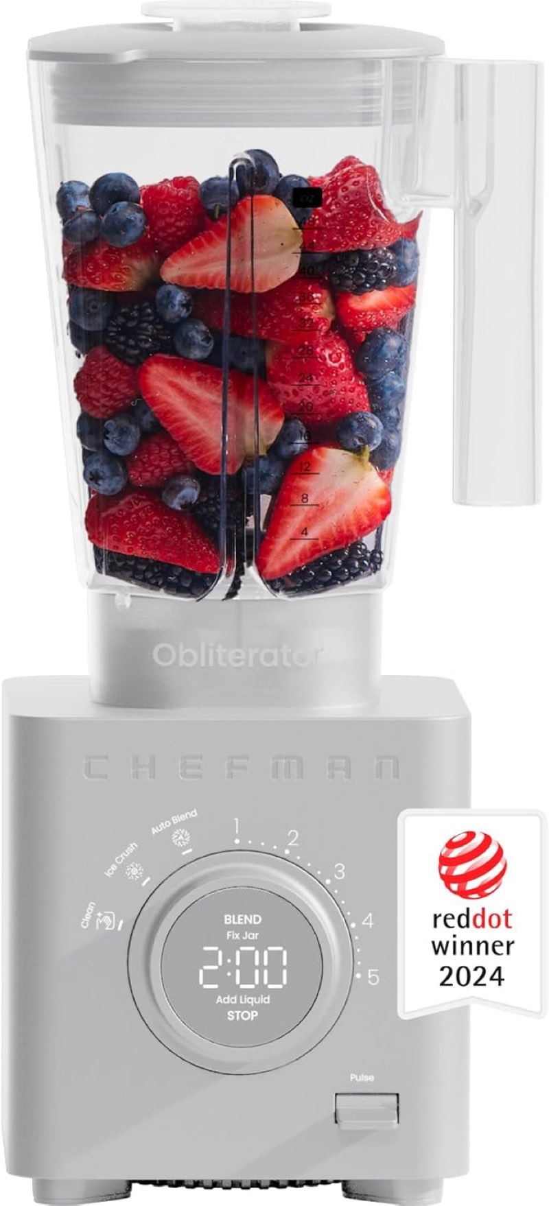 chefman obliterator 48 oz countertop blender for smoothies, 1380w motor to crush ice, nuts, and frozen fruit with stainless steel blade, auto blend function, includes tamper and scraper - concrete