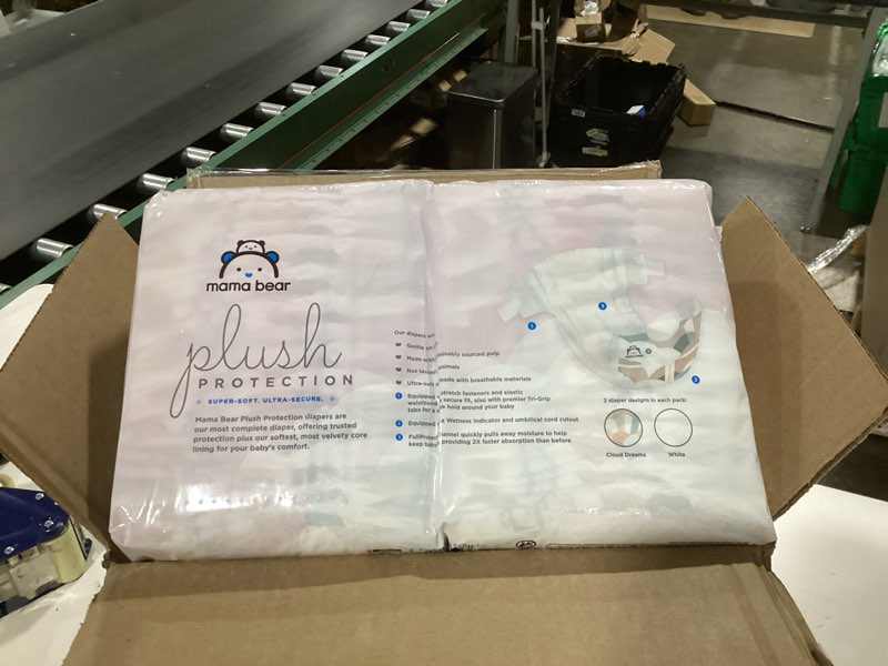 Condition photo showing Good Condition for Amazon Brand - Mama Bear Plush Protection Disposable Baby Diapers, Hypoallergenic, Fragrance-Free, Leak Protection, Size 1, Wetness Indicator, 216 Count (4-Pack), White and Cloud Dreams Size 1 (216 Count)