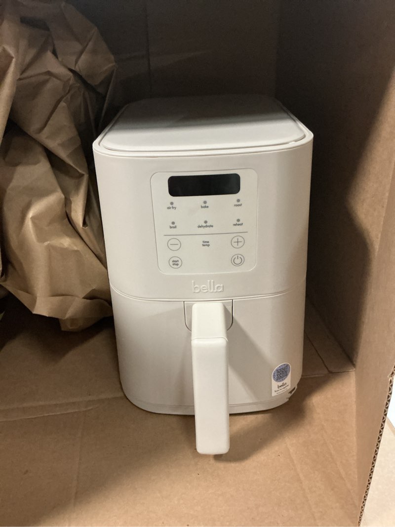Condition photo showing As Is for bella 4Qt Slim Air Fryer, Fits-anywhere™ Kitchenware, EverGood™ Ceramic Nonstick Coating, Adjustable Temperature, 6 Preset Cooking Options, 60 Min Auto Shutoff w Audible Tone, 3.3lb Capacity, Oatmilk 4 QT Oatmilk