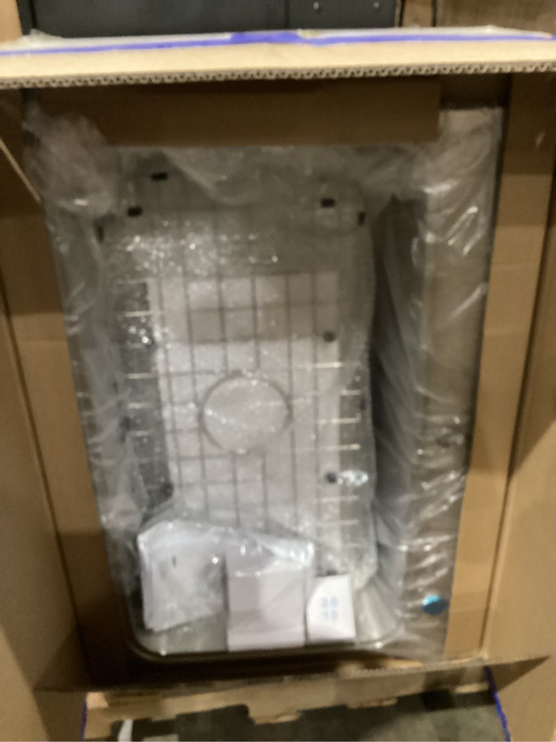 Condition photo showing As Is for allen + roth the hoffman collection dual-mount 33-in x 22-in stainless steel single bowl 2-hole kitchen sink all-in-one kit