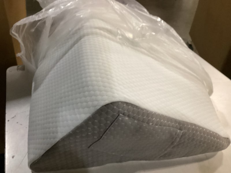 Condition photo showing As Is for Bedluxe Knee Pillow for Back Sleeping, Leg Pillow Knee Wedge Pillow, Memory Foam Wedge Pillows for Legs Post Surgery, Triangle Pillow for Knee Support, Leg Elevation, Knees Hip Back Pain Relief, White 23.6*18.9*7.9 Inch White/Grey