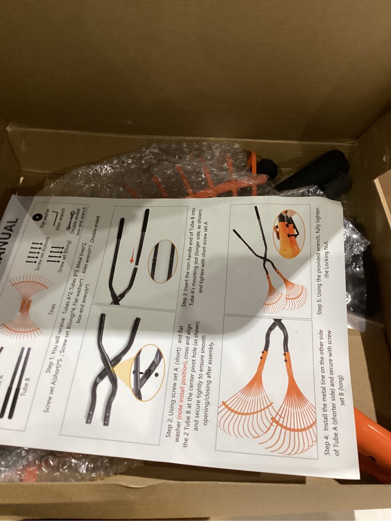 Condition photo showing Good Condition for Leaf Grabber Rake with Long Handle, Black and Orange, Heavy-Duty Garden Lawn Cleanup Tool