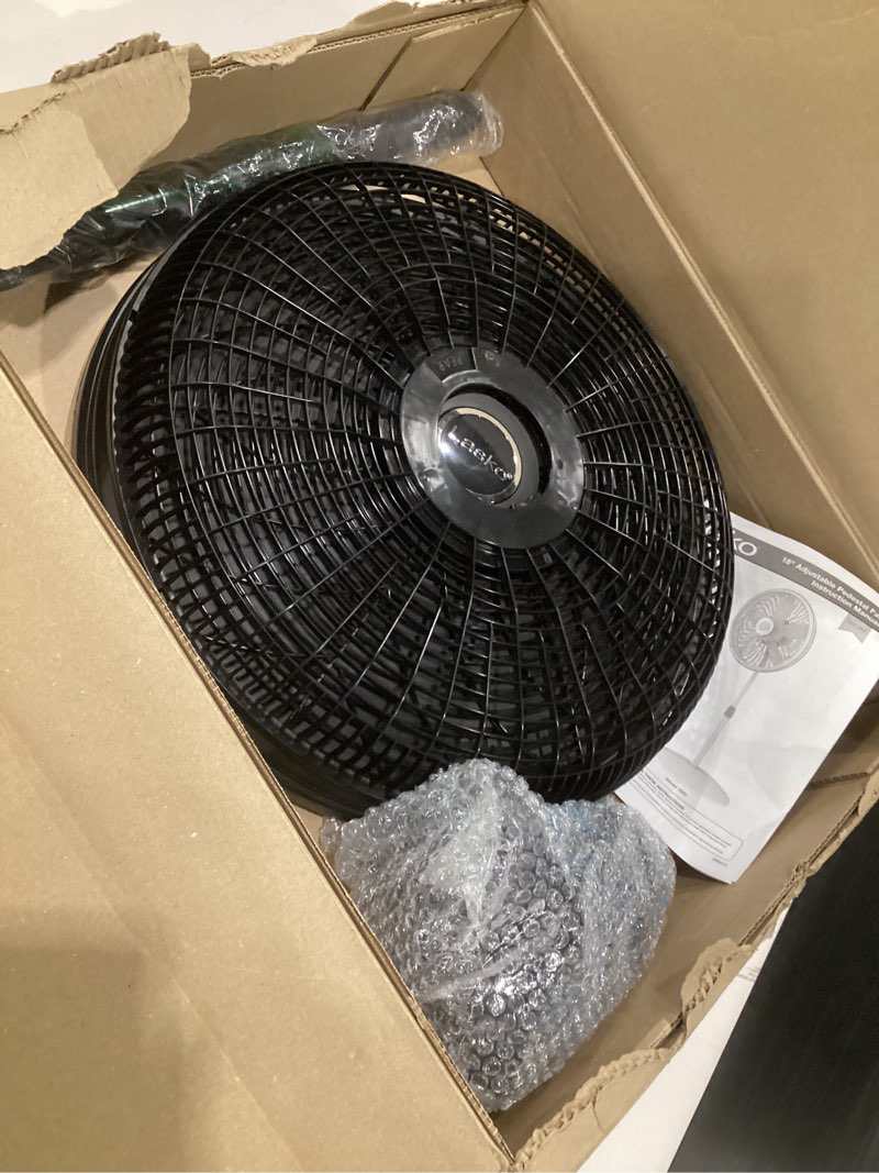 Condition photo showing Good Condition for (not tested)lasko pedestal fan, oscillating fan for bedroom with adjustable height and 3 cooling speeds, portable, 18\", black, 1827