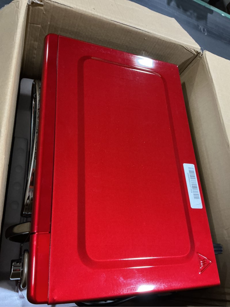 Condition photo showing As Is for Nostalgia Retro Countertop Microwave Oven, 0.9 Cu. Ft. 800-Watts with LED Digital Display, Child Lock, Easy Clean Interior, Cu.Ft, Red Retro Classic 0.9 Cu. Ft. Red