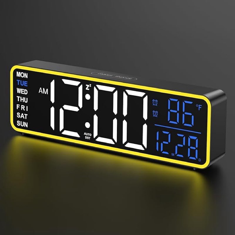 Alampan 9" Large Digital Clock, Desk & Wall-Mounted, Dual Alarm Clock for Bedrooms, Large Display, with Night Light, Week and Date, LED Temperature, Electric, Auto DST, Corded(Blue Temp & Date)
