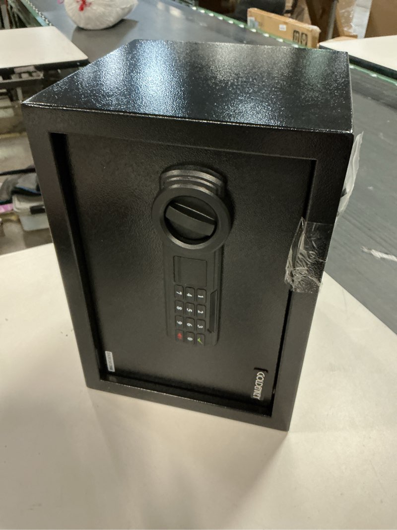 Condition photo showing As Is for Goldenkey 1.2 Cu.Ft Modern Home Safe – Digital Keypad & Key, Steel Safe with Removable Shelf, Secure Storage for Documents & Cash, 9.84"D x 13.78"W x 9.84"H
