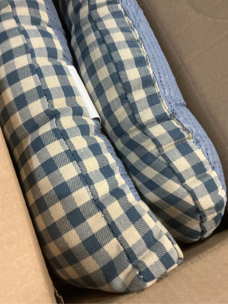 Condition photo showing New/Like New for klear vu gripper overstuffed universal non-slip dining chair cushions for kitchen decor or office use, u-shaped skid-proof seat pad, 15x15 inches, 2 count (pack of 1), gingham blue 2 count (pack of 1) gingham blue