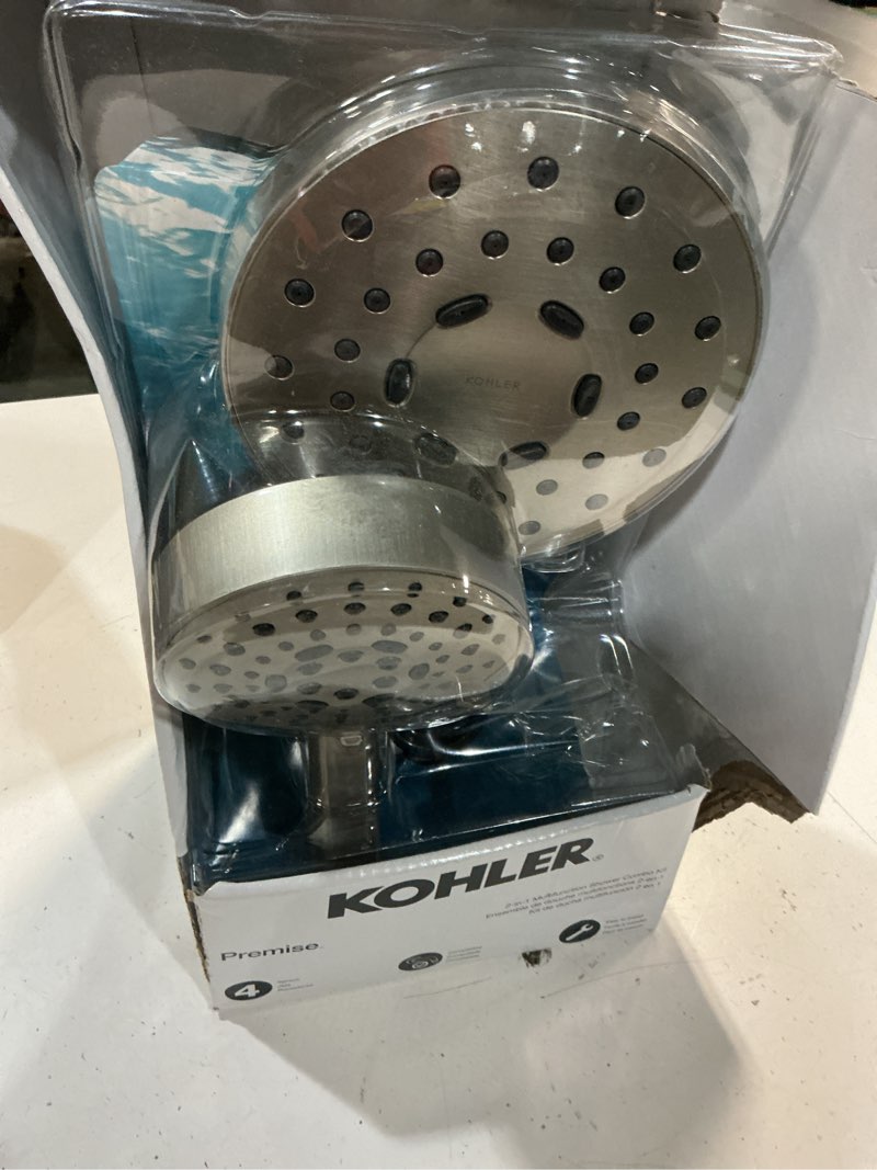 Condition photo showing As Is for kohler premise 4-settings brushed nickel 6-in round dual/combo shower head 1.75 gpm