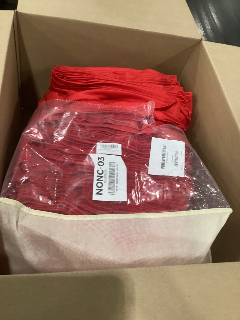 Condition photo showing As Is for 10 panels 5x20ft red ceiling drapes for wedding parties, wrinkle free thick polyester 20ft extra long wedding draping red ceiling curtains arch drapery red 60"w x 240"l (pack of 10)