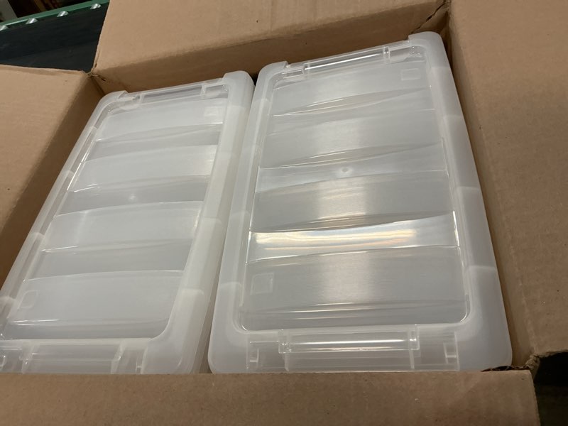 Condition photo showing As Is for iris usa 6 qt stackable plastic storage bins with lids, 10 pack - bpa-free, made in usa - see-through organizing solution, latches, durable nestable containers, secure pull handle - clear