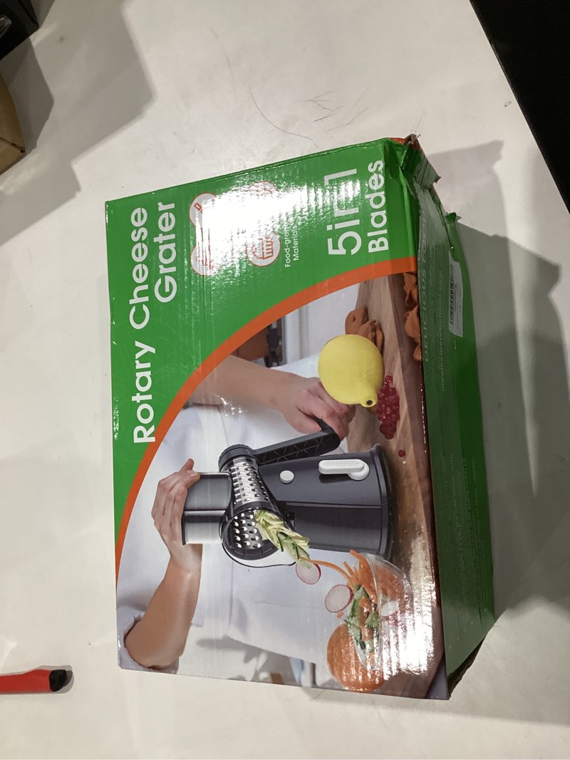 Condition photo showing New/Like New for 5 Blade Rotary Cheese Grater Hand Crank with Storage Box, Vegetable Chopper, Cheese Shredder for Cheeses, Veggies, Nuts - Easy to Use, Non-slip Suction Base, Gray