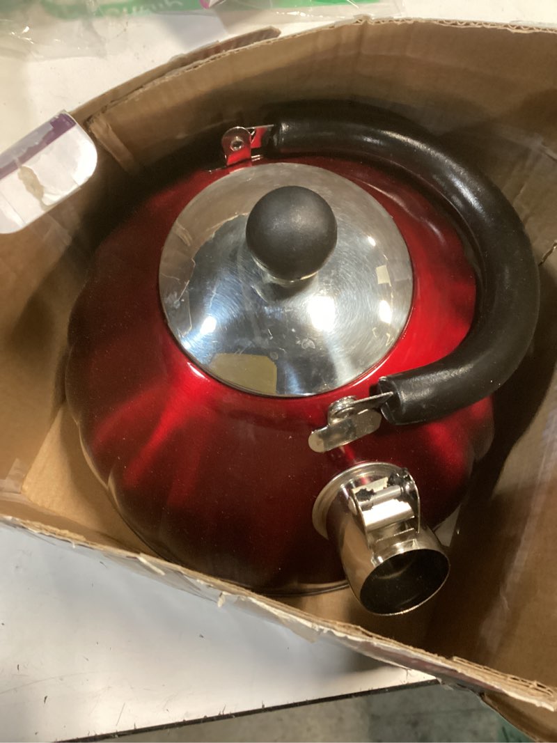 Condition photo showing Good Condition for Mr. Coffee Twining 2.1 Quart Pumpkin Shaped Stainless Steel Whistling Tea Kettle, Metallic Red