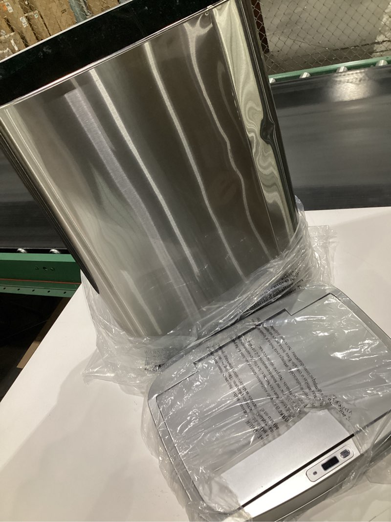 Condition photo showing As Is for (USED, DENTED) Ninestars Automatic Touchless Motion Sensor Rectangular Trash Can 13.2 Gallons, 50L, Silver, 13 Gal. 50 L, Silver Trim